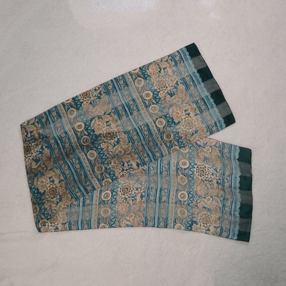 Vintage green floral oblong chiffon scarf, sheer stripe lightweight scarf